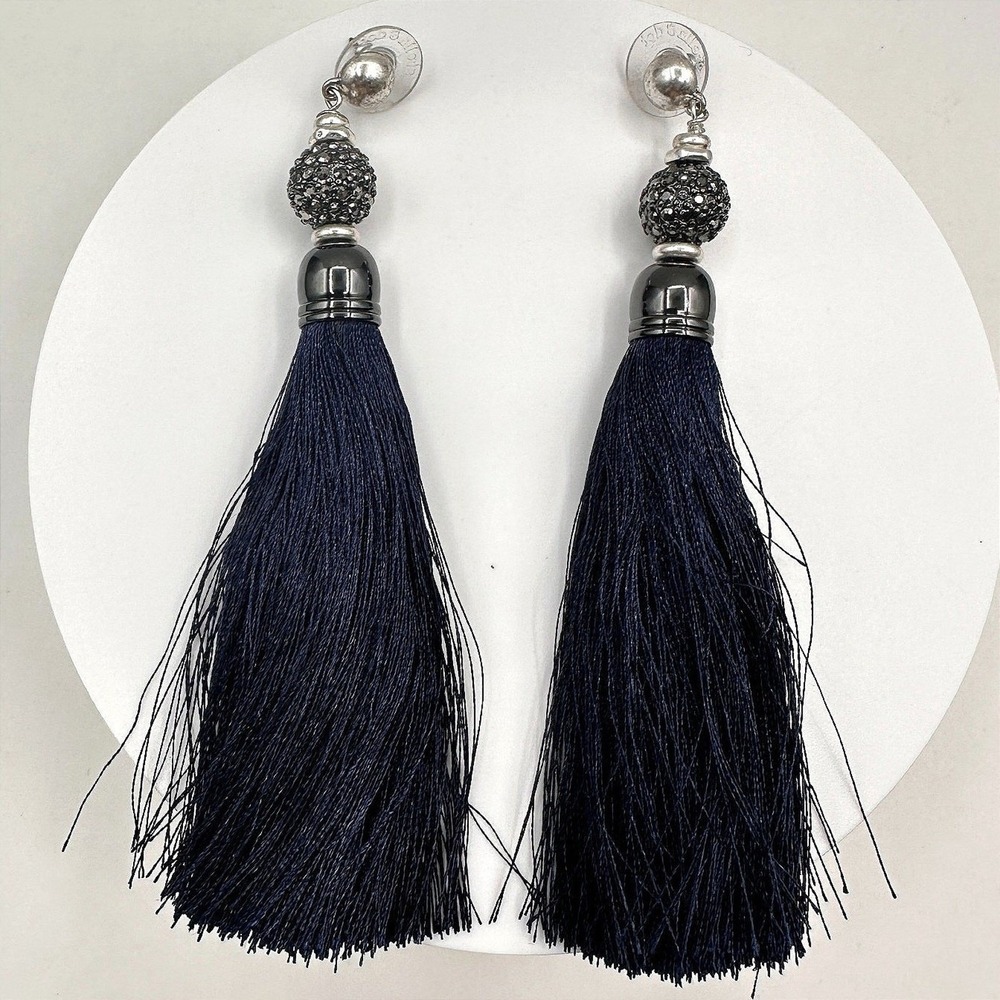 Vintage 80s Navy Tassel Stud Earrings Silver Tone Crystal Bead Women's Jewelry